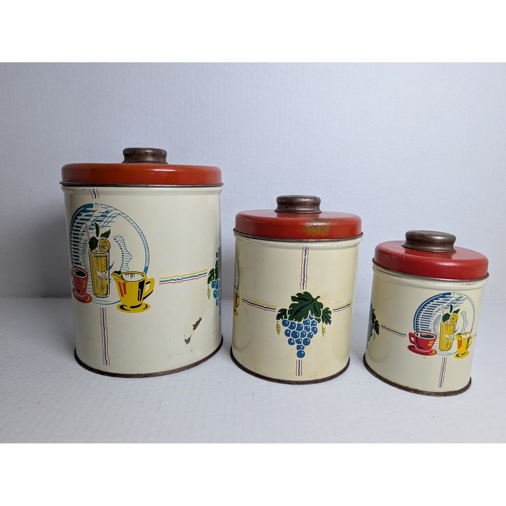 Vintage Metal Kitchen Canister Set 3 Pc Red Lids Fruit Grapes Coffee Retro